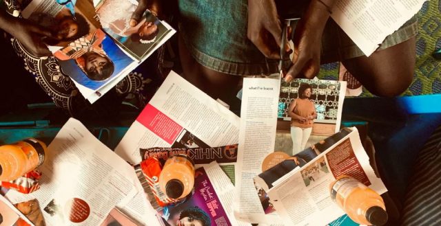 South Sudanese refugee girls create collages as part of a participatory workshop in Uganda. Photo©Audrey Taylor, HRC (2020)