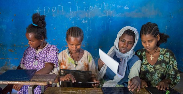 Students with visual impairment in classroom, Ethiopia © Nathalie Bertrams/GAGE 2023